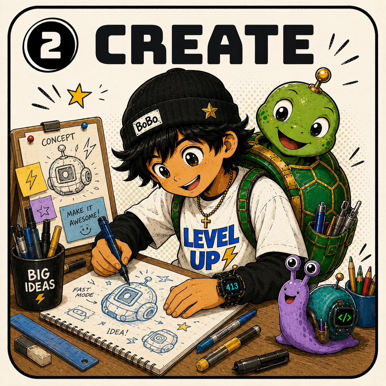 Create — Bo sketches, tests, and creates.