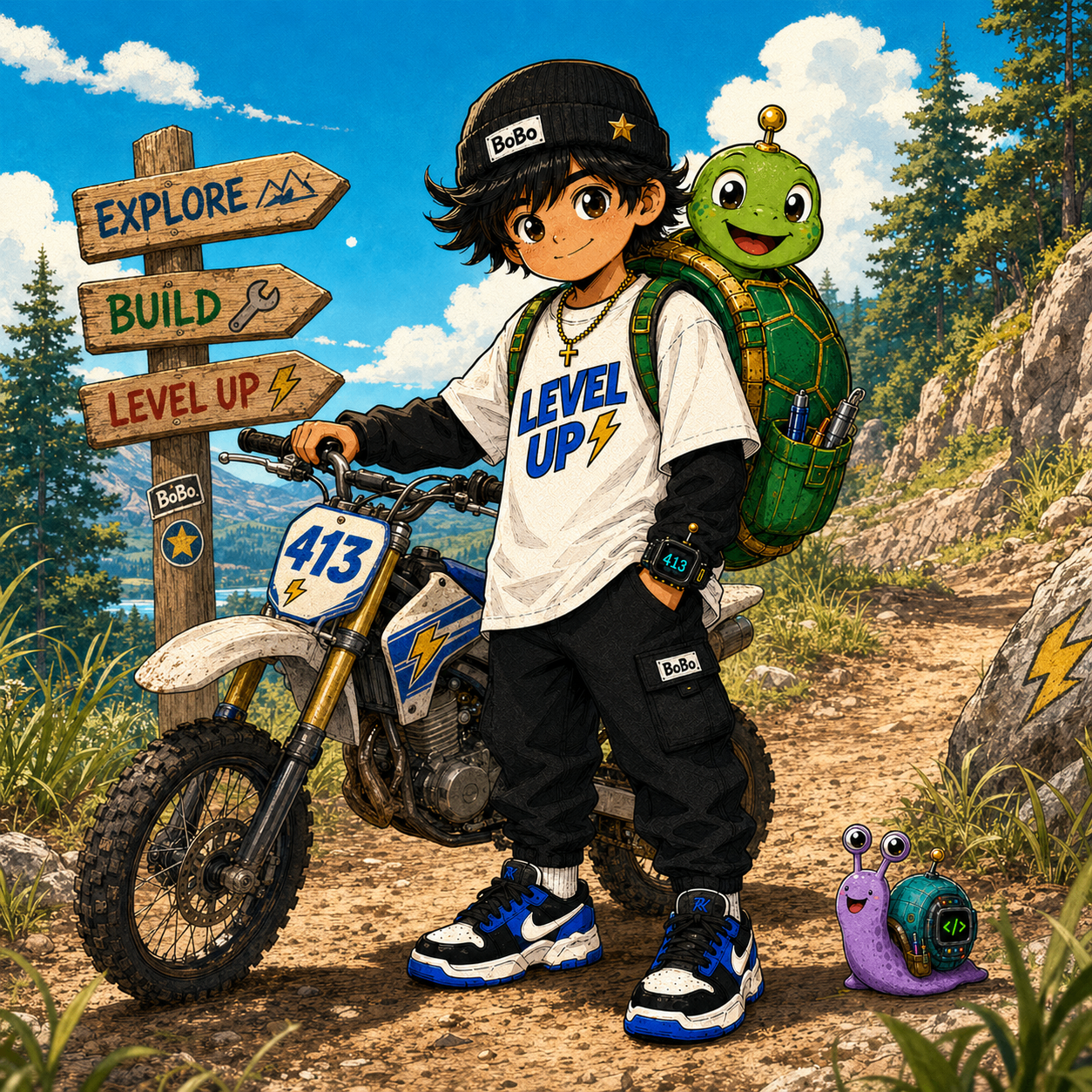 Bo with Tank backpack and Ping snail beside a 413 dirt bike on a mountain trail